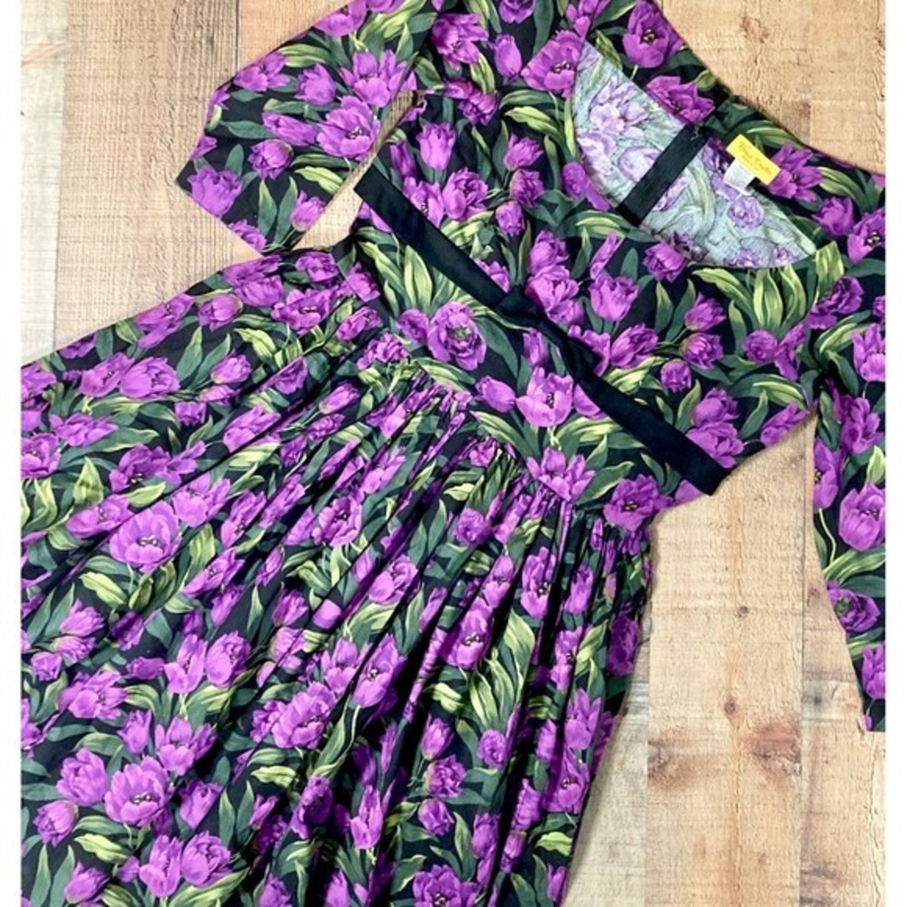 Bernie Dexter Grace Purple Tulip Floral Dress XL Black Rockabilly Pinup USA Made